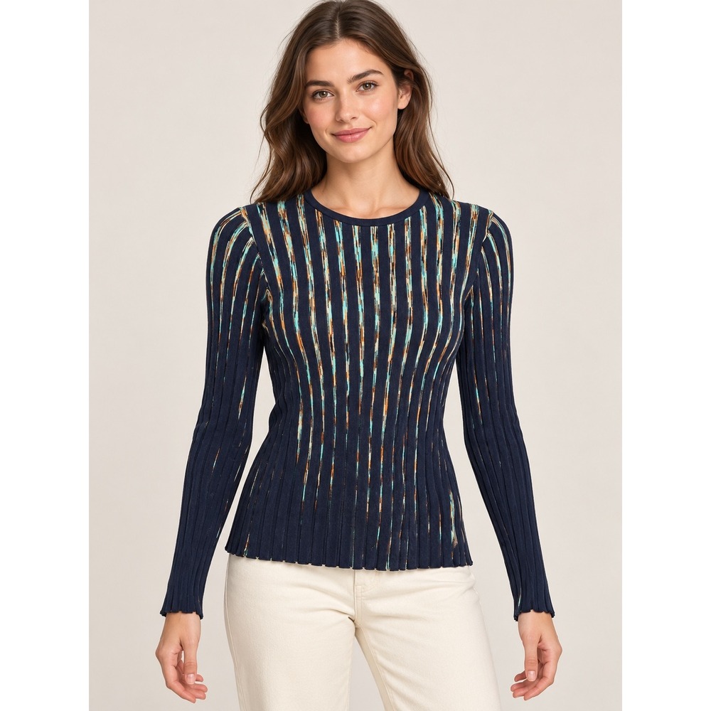 Ecru Navy Blue Striped Rib Knit Long Sleeve Top Size M 9625SW